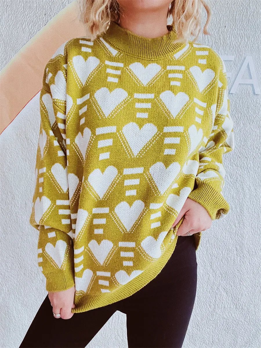 Elegant Heart Contrast Long Sleeve Dropped Shoulder Sweater - adritiX