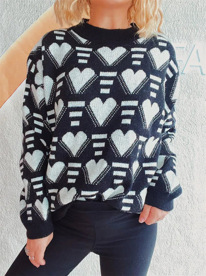 Elegant Heart Contrast Long Sleeve Dropped Shoulder Sweater - adritiX