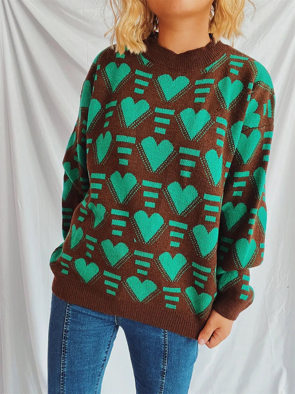 Elegant Heart Contrast Long Sleeve Dropped Shoulder Sweater - adritiX