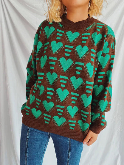 Elegant Heart Contrast Long Sleeve Dropped Shoulder Sweater - adritiX