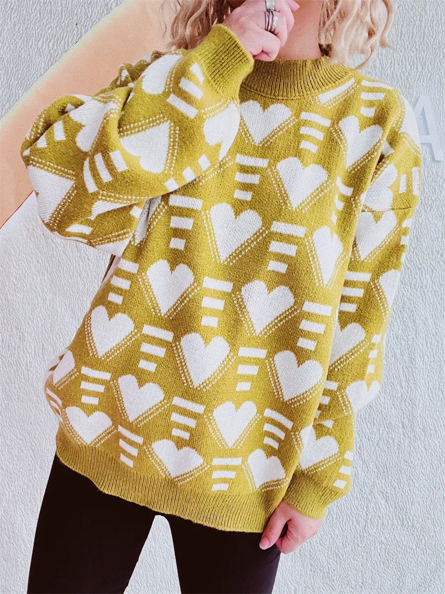 Elegant Heart Contrast Long Sleeve Dropped Shoulder Sweater - adritiX