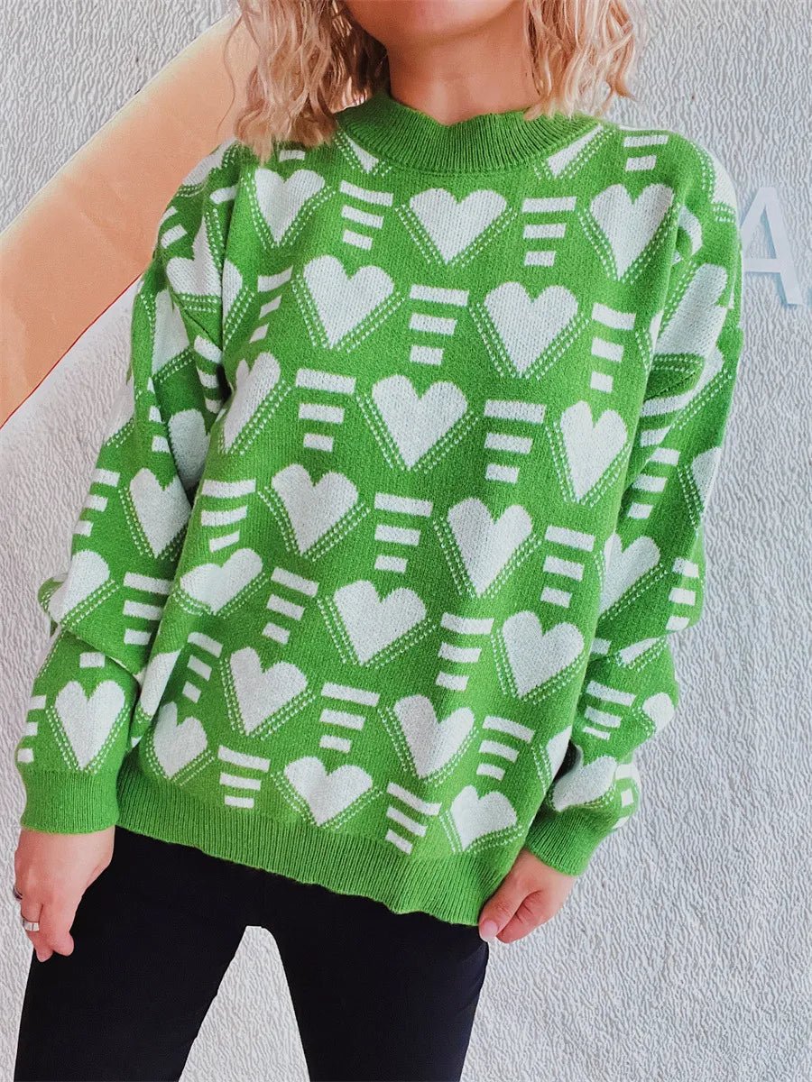 Elegant Heart Contrast Long Sleeve Dropped Shoulder Sweater - adritiX