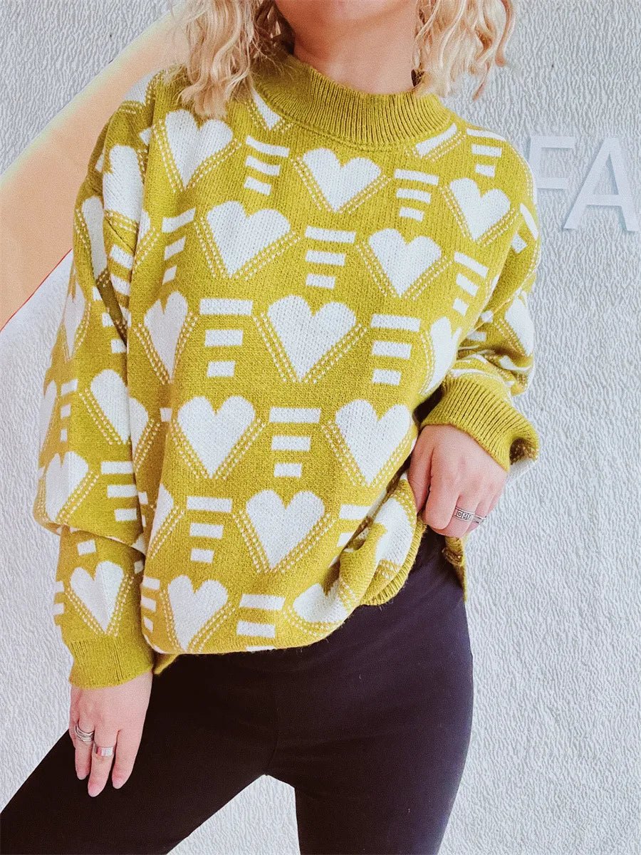 Elegant Heart Contrast Long Sleeve Dropped Shoulder Sweater - adritiX