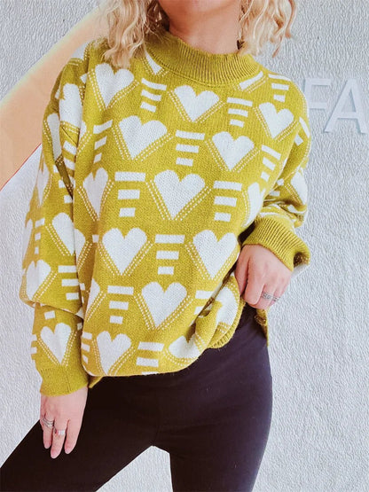 Elegant Heart Contrast Long Sleeve Dropped Shoulder Sweater - adritiX