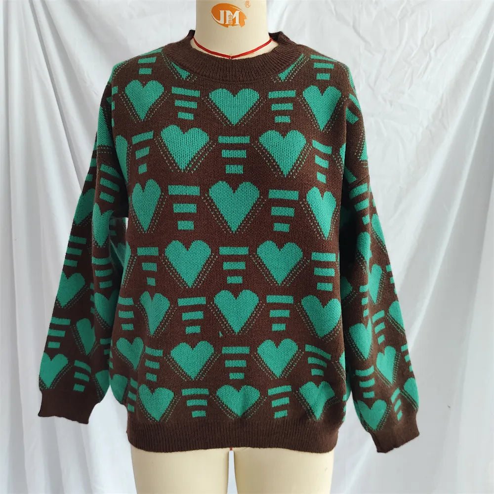 Elegant Heart Contrast Long Sleeve Dropped Shoulder Sweater - adritiX