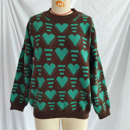 Elegant Heart Contrast Long Sleeve Dropped Shoulder Sweater - adritiX