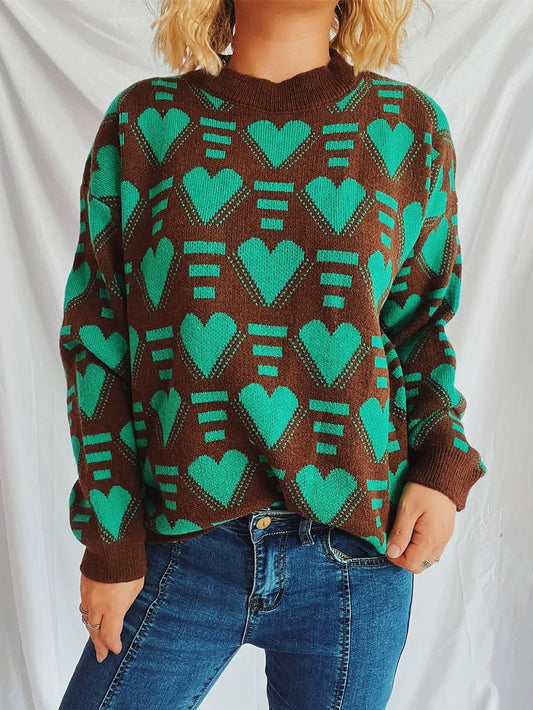 Elegant Heart Contrast Long Sleeve Dropped Shoulder Sweater - adritiX