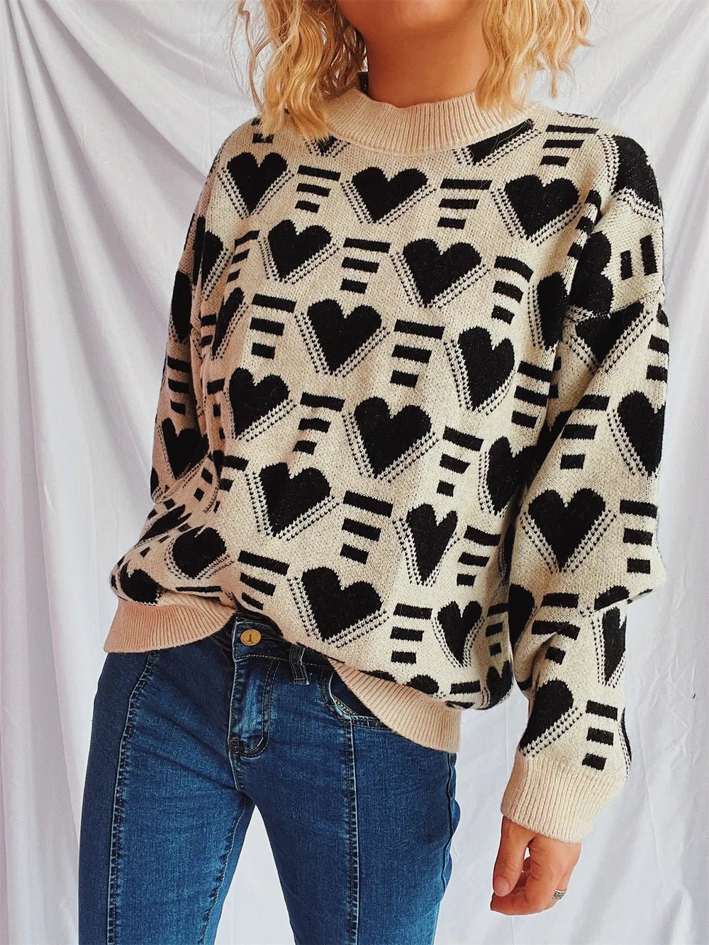 Elegant Heart Contrast Long Sleeve Dropped Shoulder Sweater - adritiX