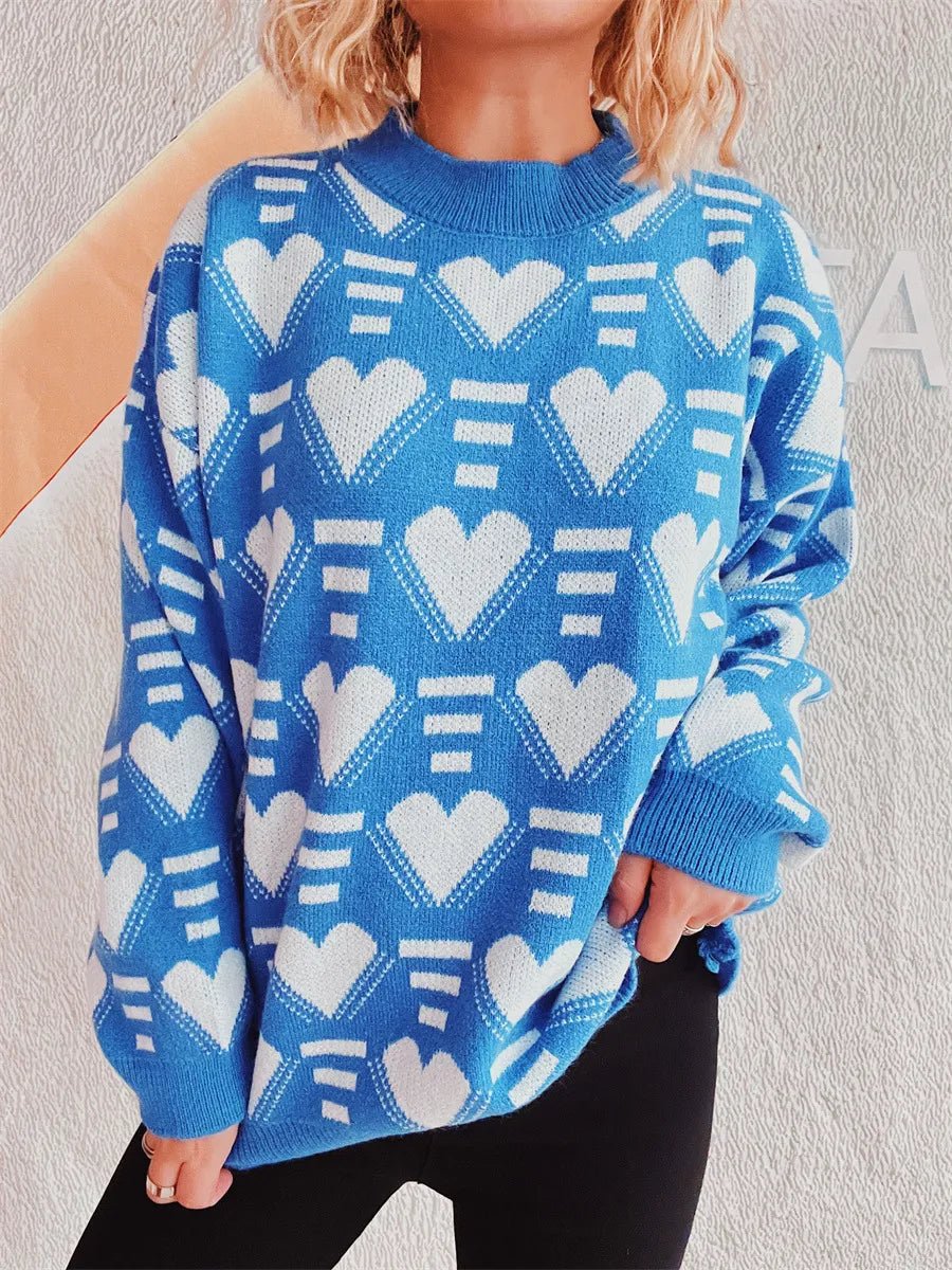 Elegant Heart Contrast Long Sleeve Dropped Shoulder Sweater - adritiX