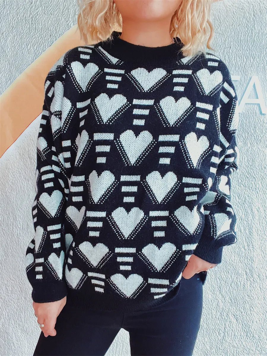 Elegant Heart Contrast Long Sleeve Dropped Shoulder Sweater - adritiX