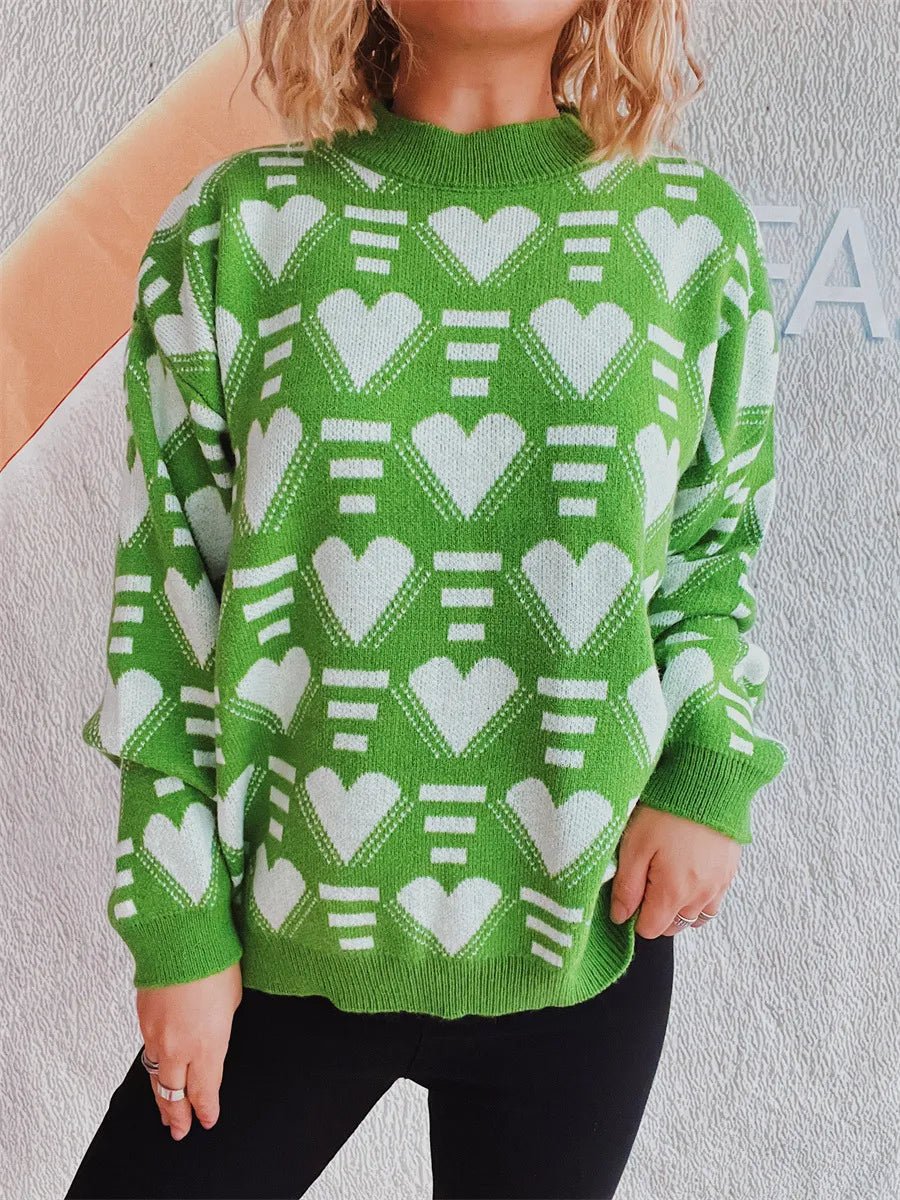 Elegant Heart Contrast Long Sleeve Dropped Shoulder Sweater - adritiX