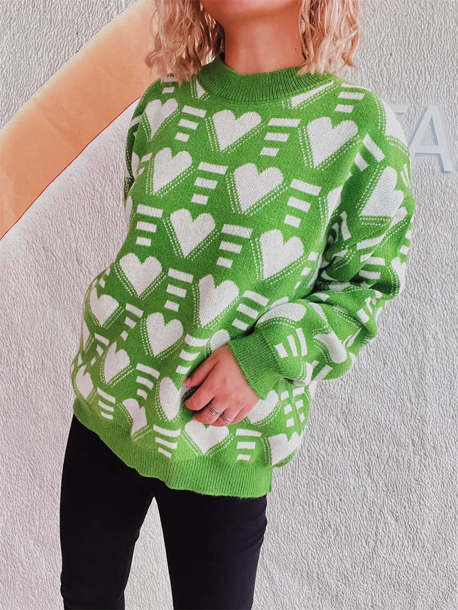 Elegant Heart Contrast Long Sleeve Dropped Shoulder Sweater - adritiX