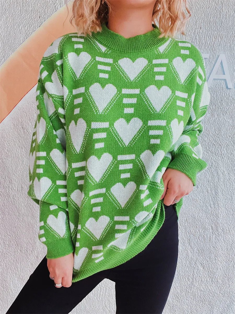 Elegant Heart Contrast Long Sleeve Dropped Shoulder Sweater - adritiX