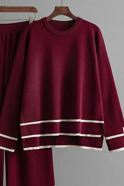 Elegant High - Low Round Neck Top and Pants Sweater Set - adritiX