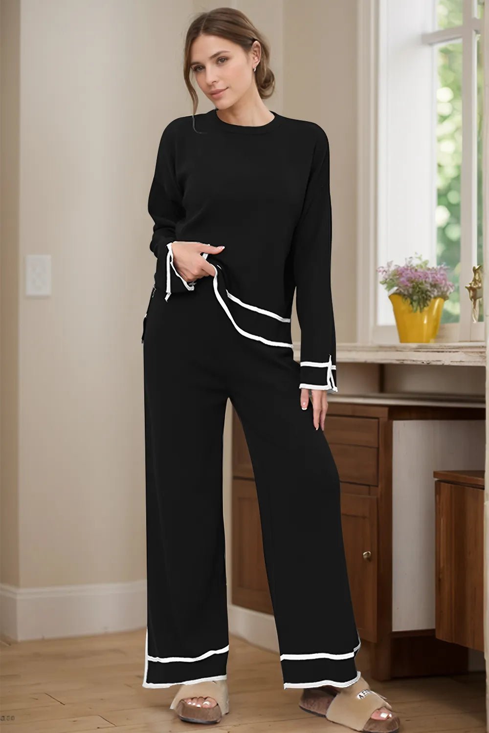 Elegant High - Low Round Neck Top and Pants Sweater Set - adritiX