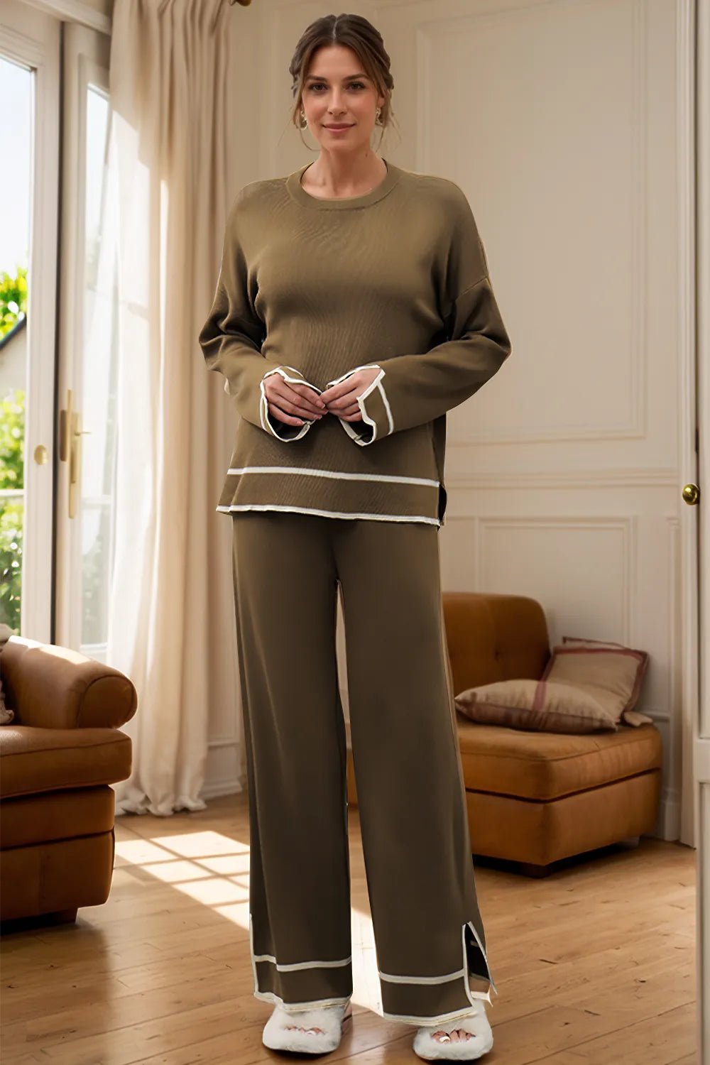 Elegant High - Low Round Neck Top and Pants Sweater Set - adritiX