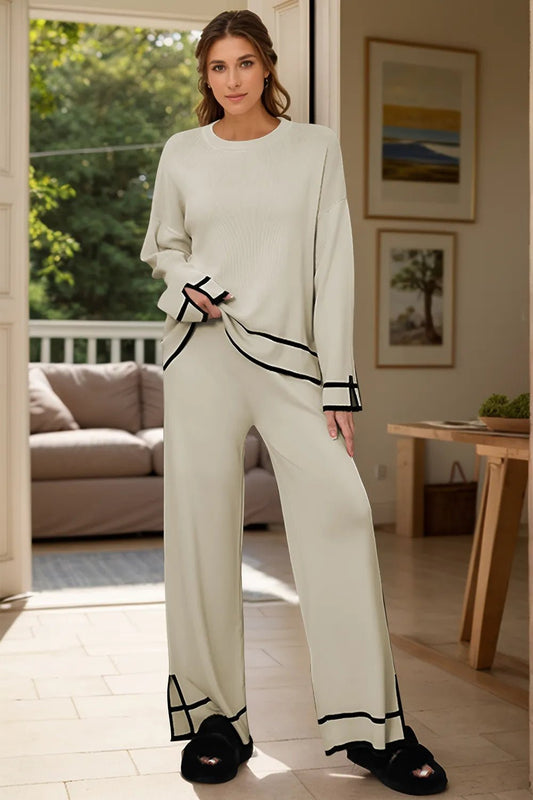 Elegant High - Low Round Neck Top and Pants Sweater Set - adritiX
