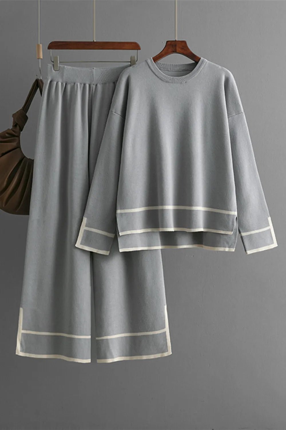 Elegant High - Low Round Neck Top and Pants Sweater Set - adritiX