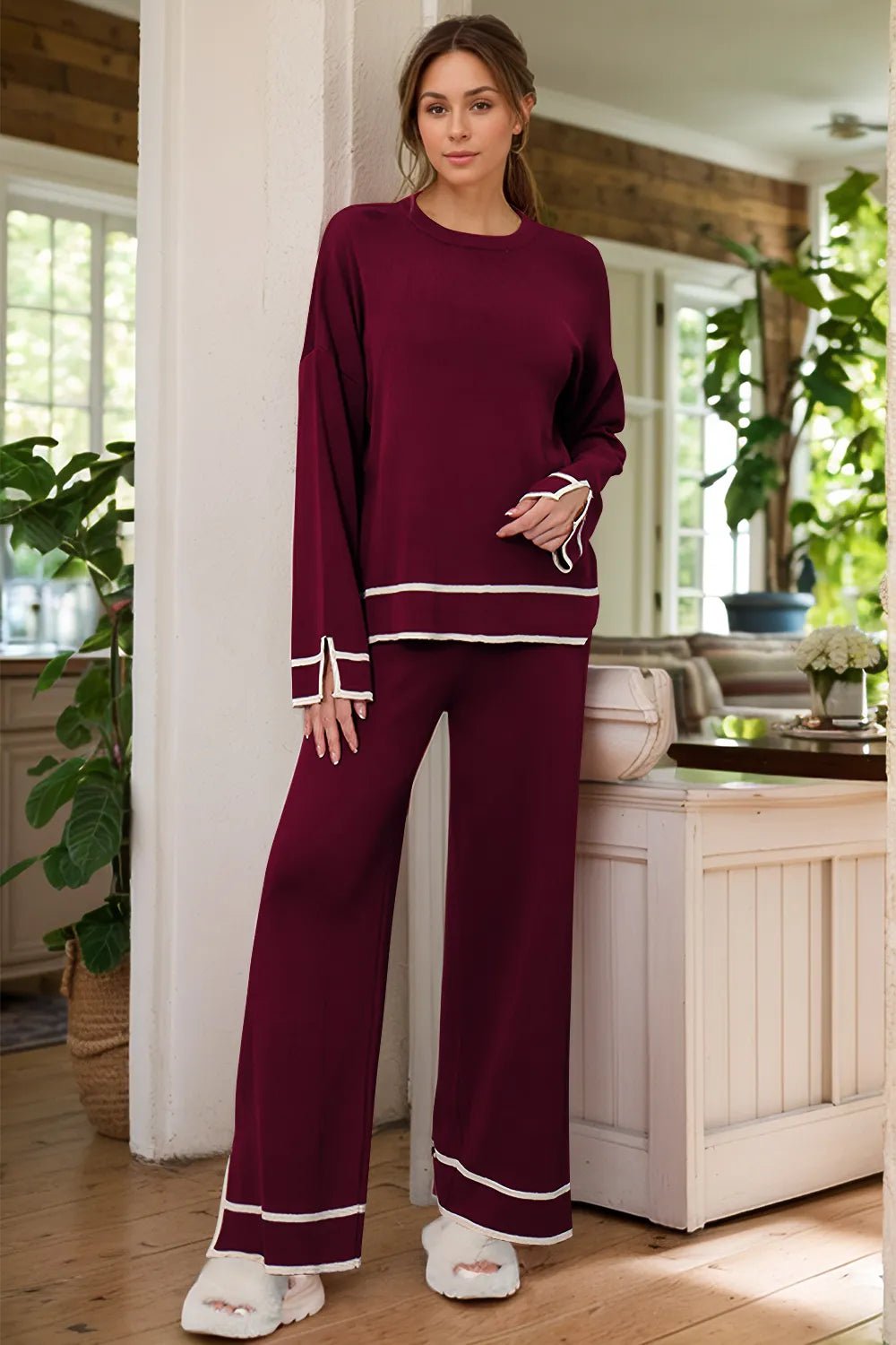 Elegant High - Low Round Neck Top and Pants Sweater Set - adritiX