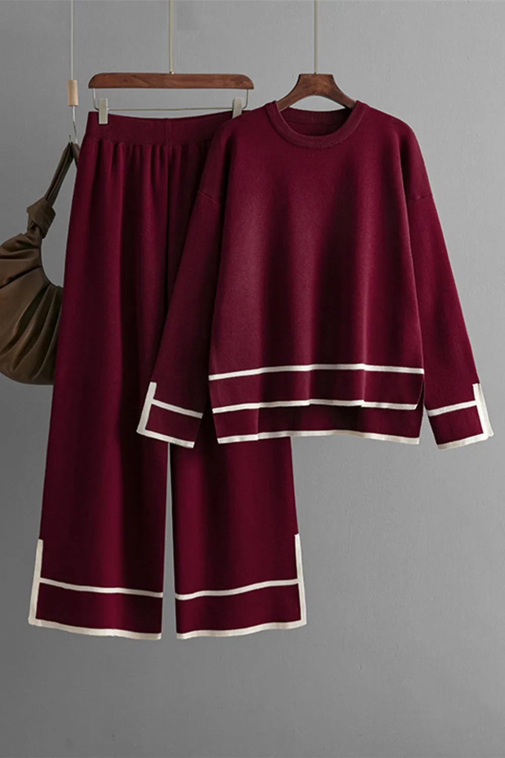 Elegant High - Low Round Neck Top and Pants Sweater Set - adritiX