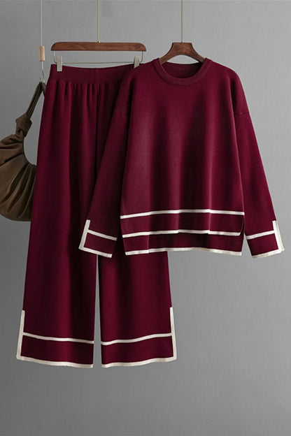 Elegant High - Low Round Neck Top and Pants Sweater Set - adritiX