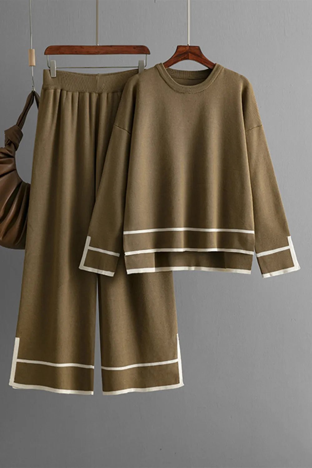 Elegant High - Low Round Neck Top and Pants Sweater Set - adritiX