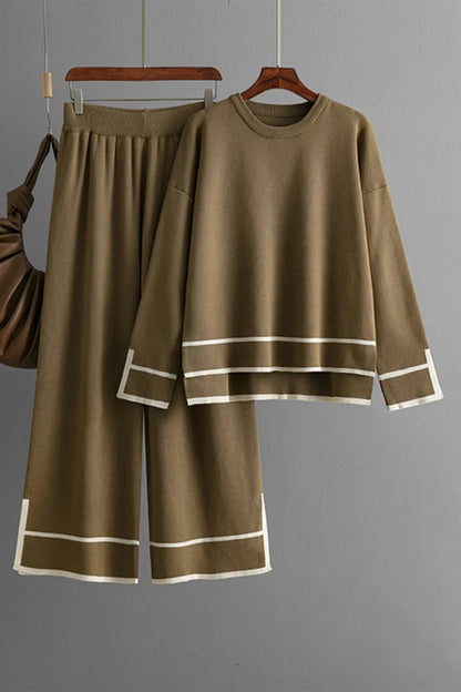 Elegant High - Low Round Neck Top and Pants Sweater Set - adritiX