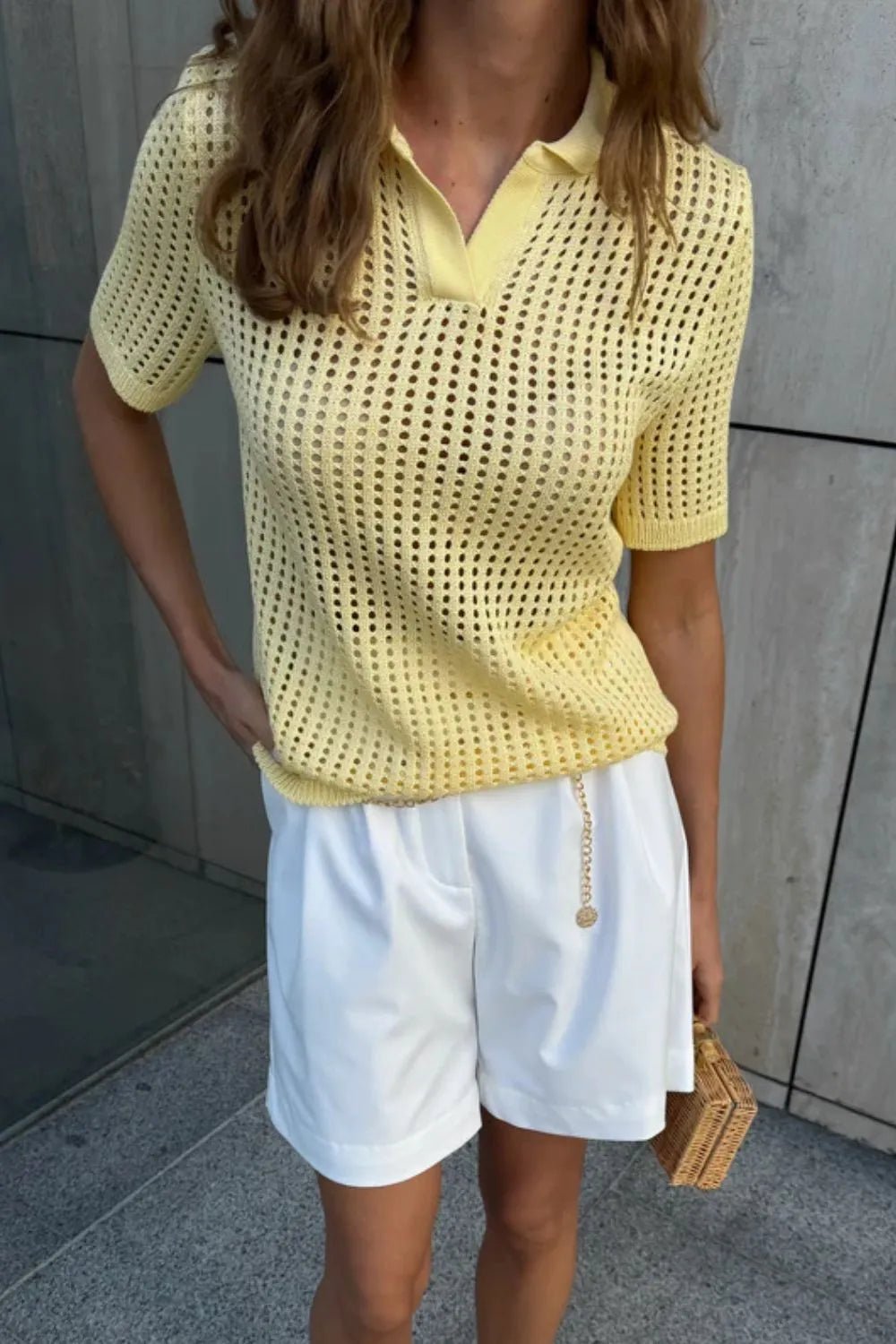 Elegant Hollow Out Short Sleeve Knit Cover Up Top - adritiX