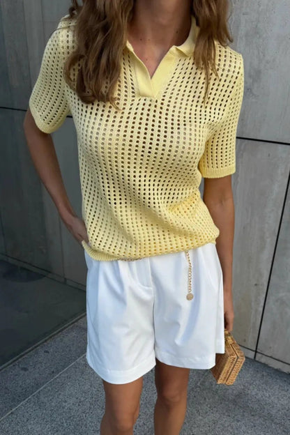 Elegant Hollow Out Short Sleeve Knit Cover Up Top - adritiX