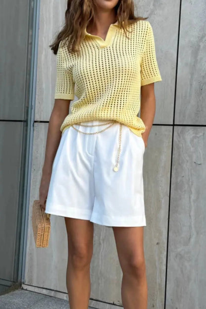 Elegant Hollow Out Short Sleeve Knit Cover Up Top - adritiX