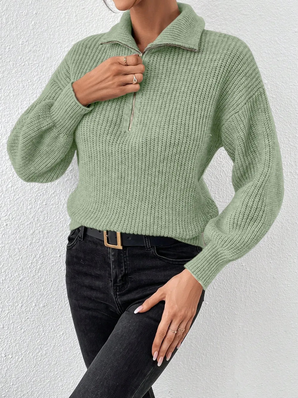 Elegant Honey Half Zip Dropped Shoulder Sweater - adritiX