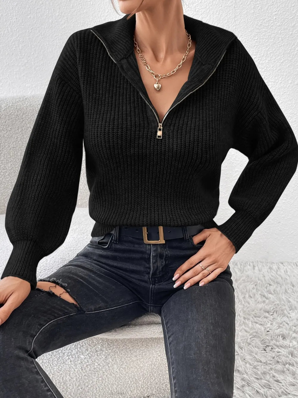 Elegant Honey Half Zip Dropped Shoulder Sweater - adritiX