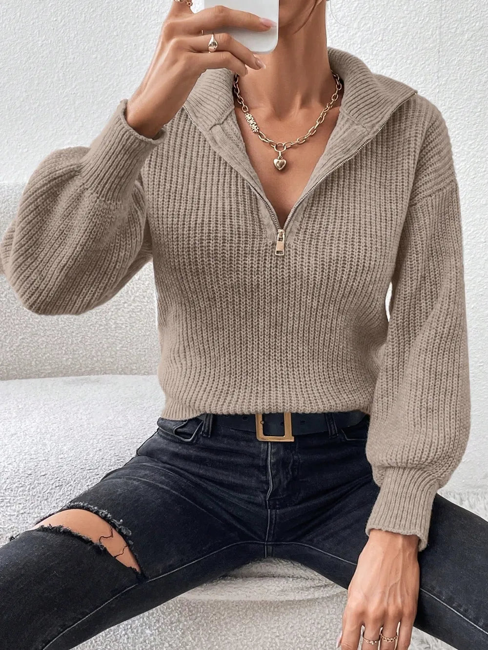 Elegant Honey Half Zip Dropped Shoulder Sweater - adritiX