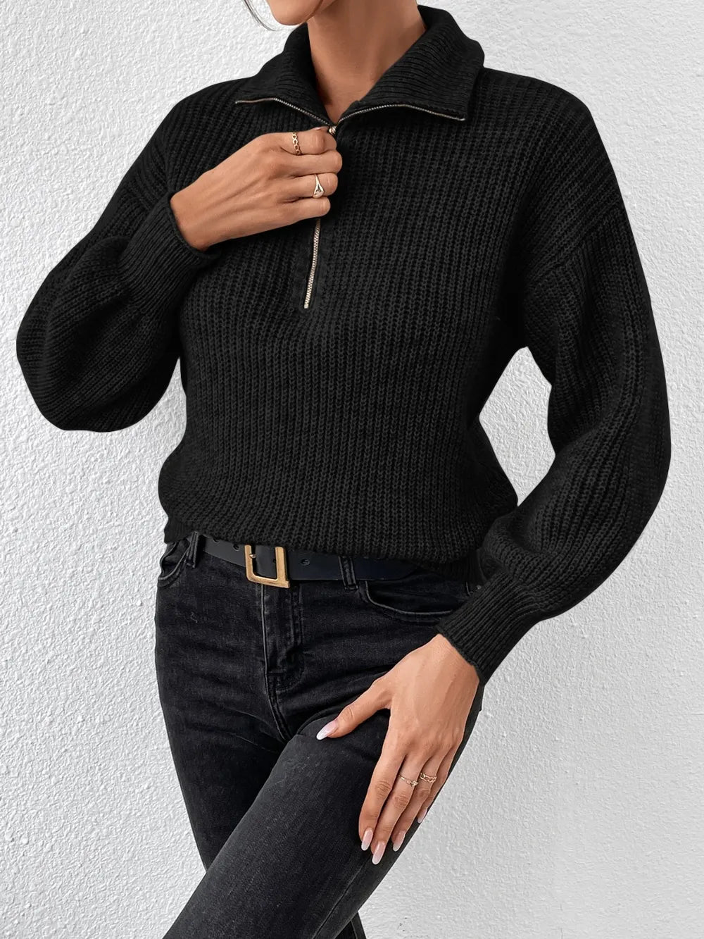 Elegant Honey Half Zip Dropped Shoulder Sweater - adritiX