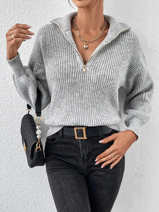 Elegant Honey Half Zip Dropped Shoulder Sweater - adritiX