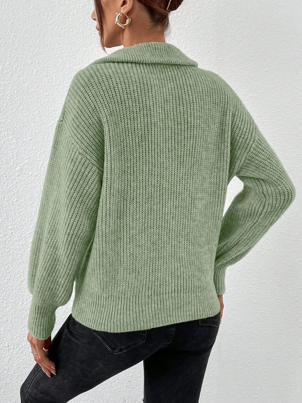 Elegant Honey Half Zip Dropped Shoulder Sweater - adritiX