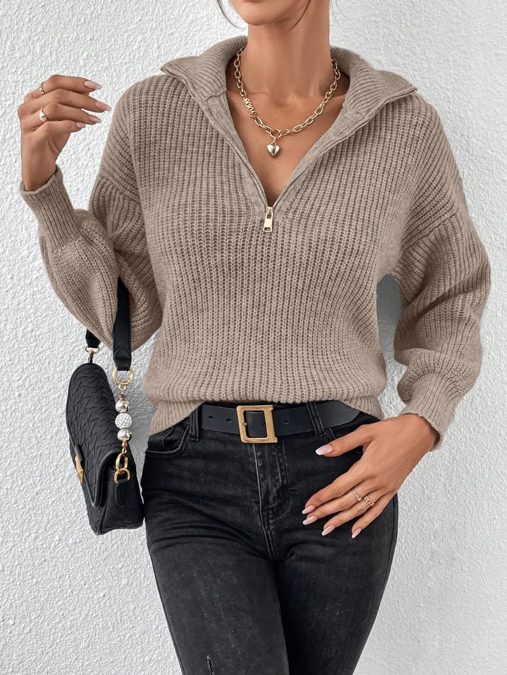 Elegant Honey Half Zip Dropped Shoulder Sweater - adritiX