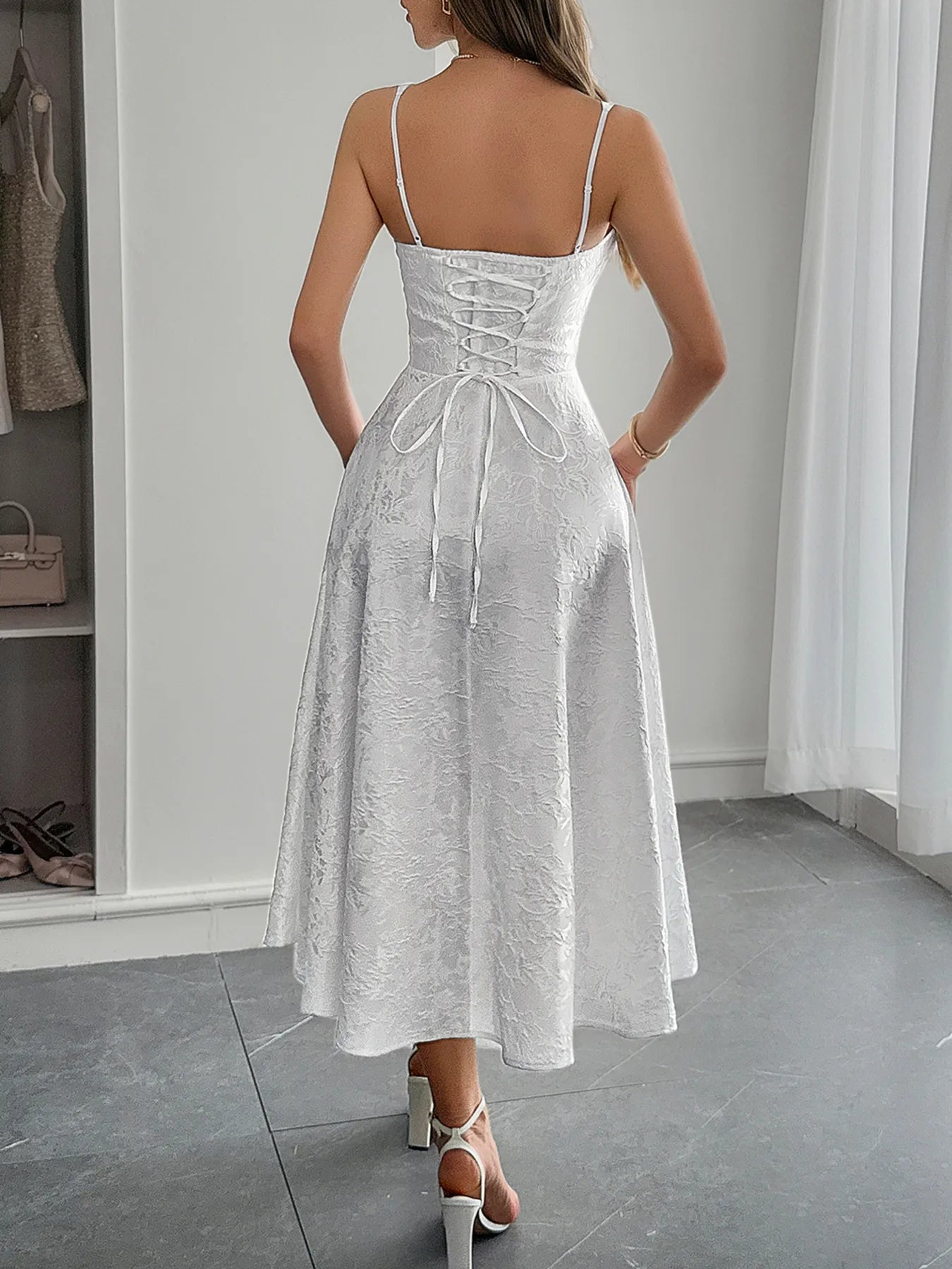Elegant Lace - Up Sleeveless Midi Dress - adritiX