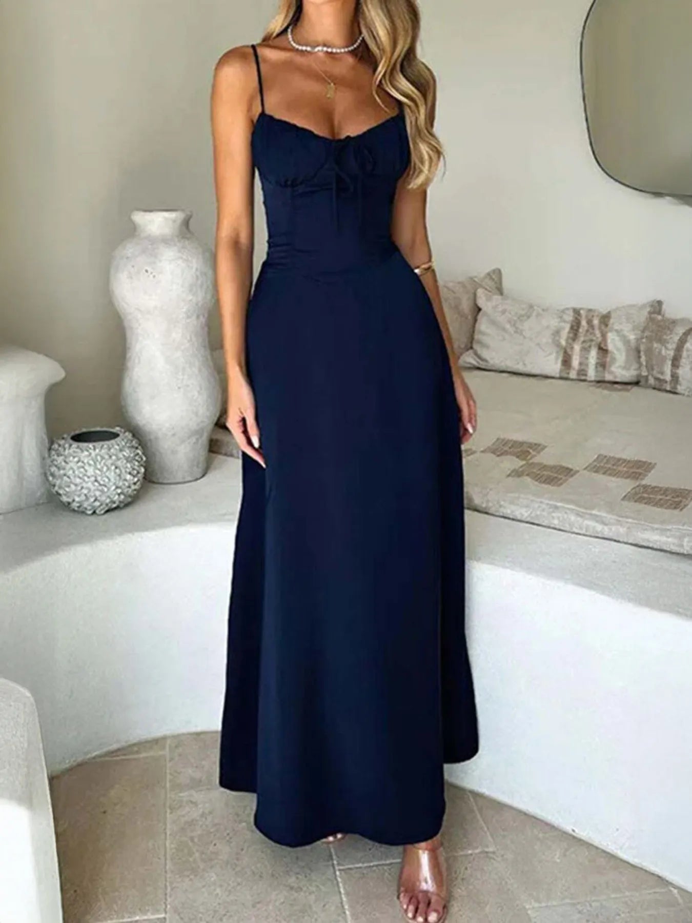 Elegant Lace - Up Solid Cami Dress - adritiX