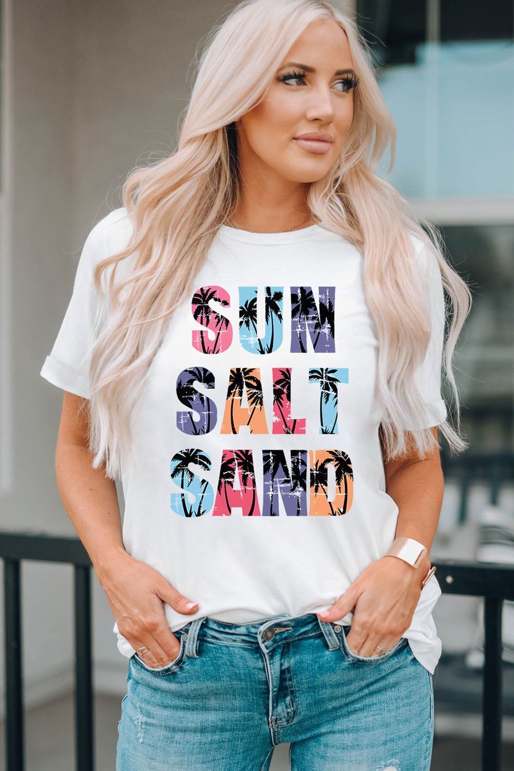 Elegant Letter Graphic Round Neck Tee - adritiX