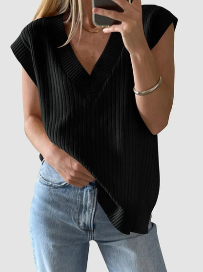 Elegant Mandy Ribbed V - Neck Sweater Vest - adritiX
