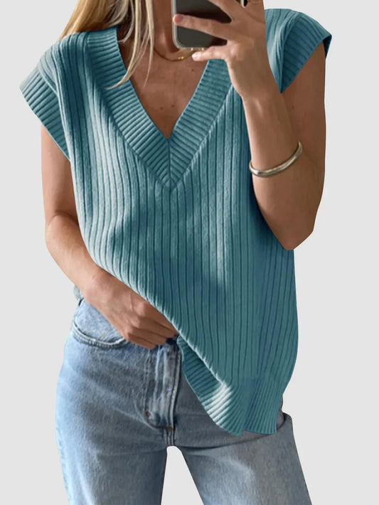 Elegant Mandy Ribbed V - Neck Sweater Vest - adritiX