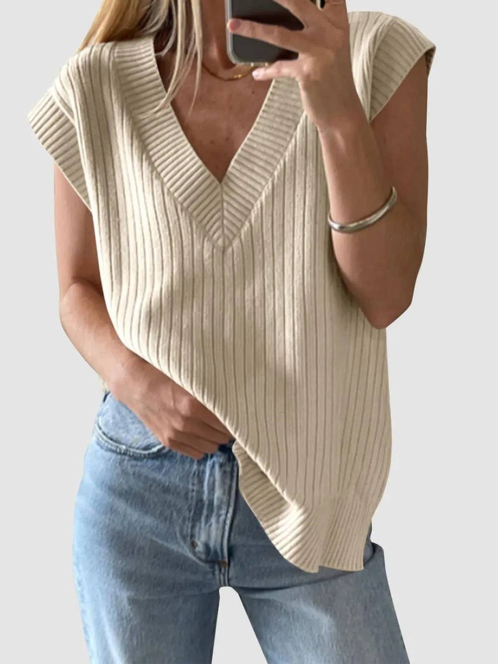 Elegant Mandy Ribbed V - Neck Sweater Vest - adritiX