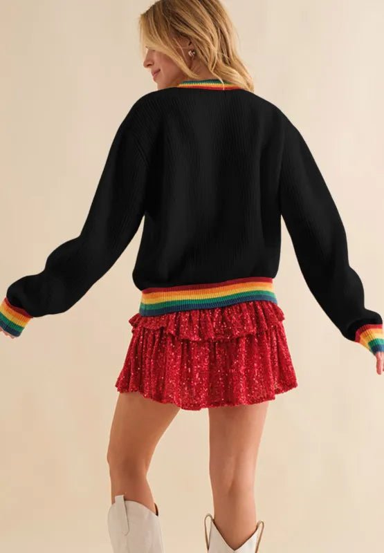 Elegant MERRY & BRIGHT Ribbed Round Neck Sweater - adritiX