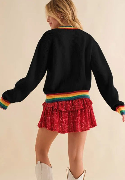 Elegant MERRY & BRIGHT Ribbed Round Neck Sweater - adritiX