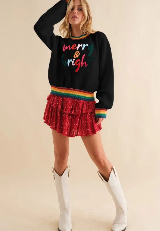 Elegant MERRY & BRIGHT Ribbed Round Neck Sweater - adritiX