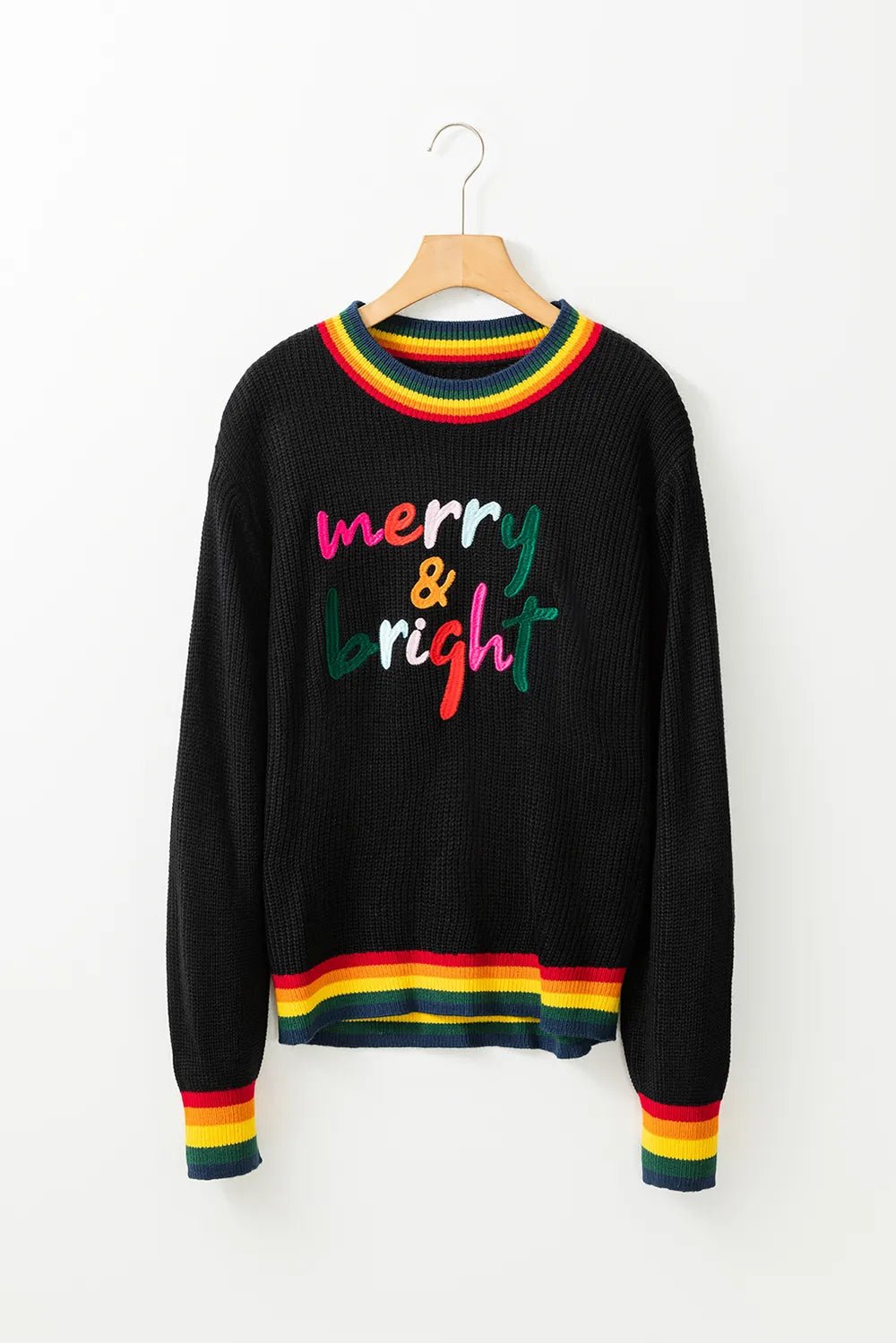 Elegant MERRY & BRIGHT Ribbed Round Neck Sweater - adritiX