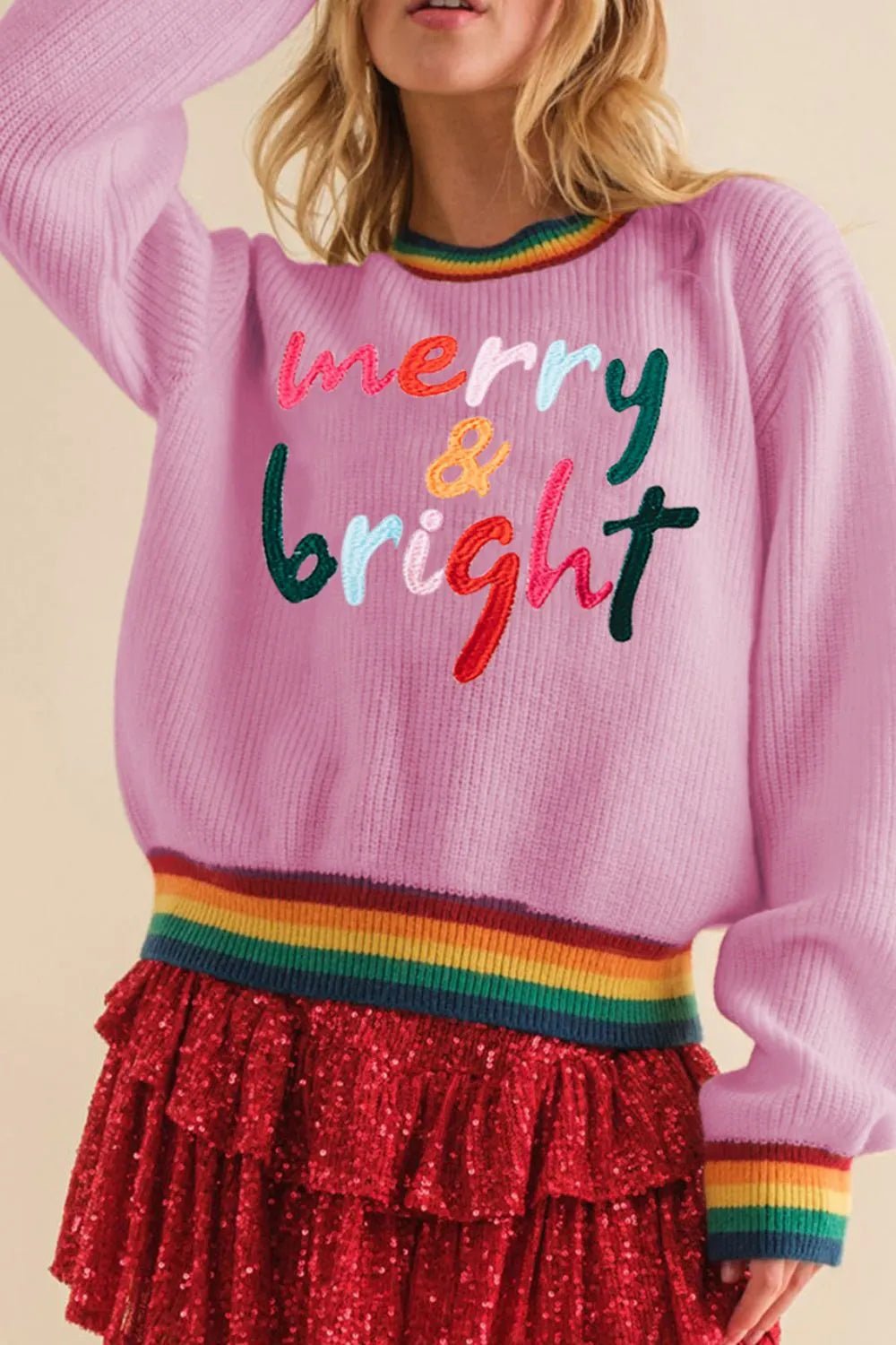 Elegant MERRY & BRIGHT Ribbed Round Neck Sweater - adritiX
