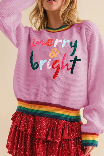 Elegant MERRY & BRIGHT Ribbed Round Neck Sweater - adritiX