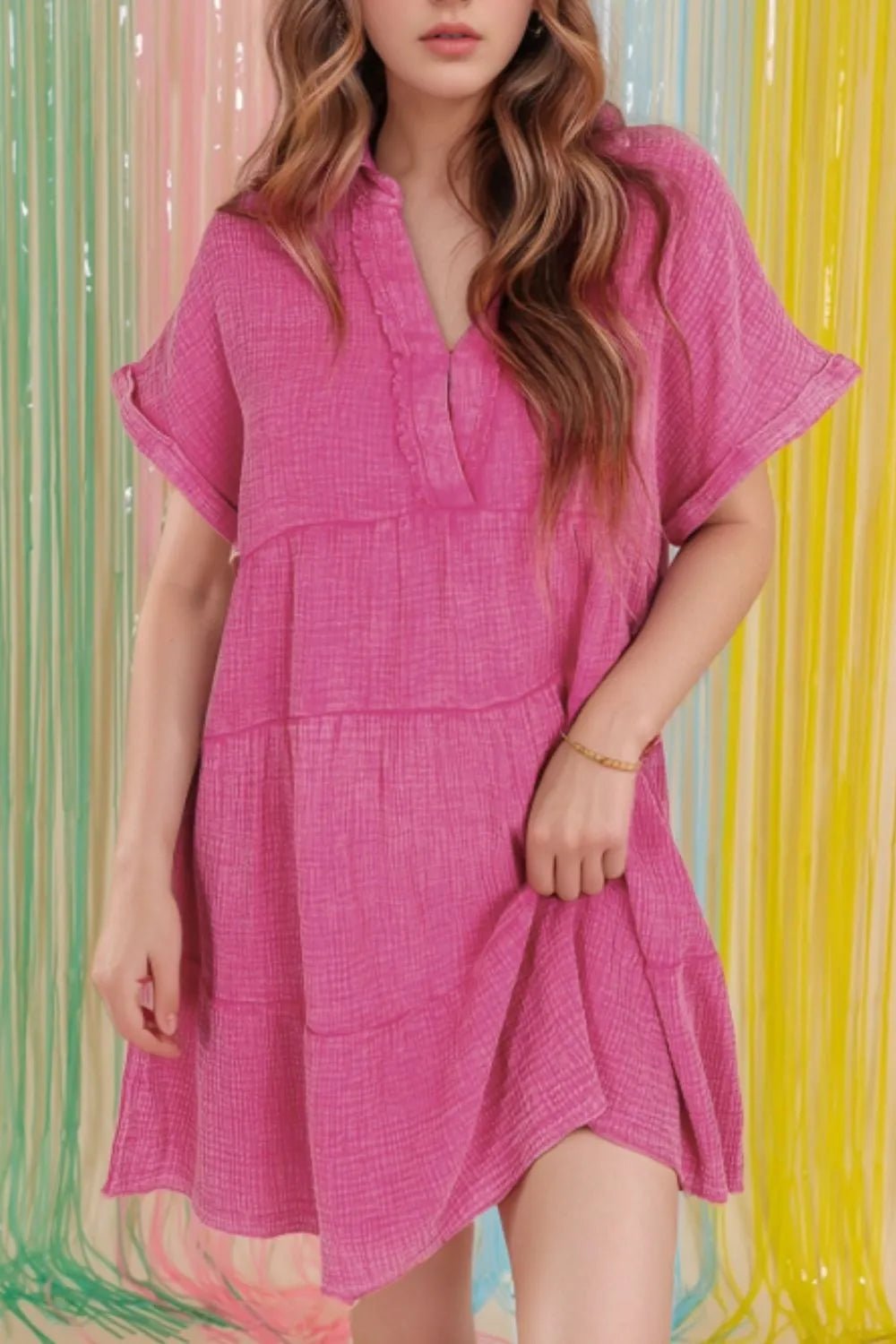 Elegant Mineral Wash Crinkle Split Neck Raw Hem Tiered Dress - adritiX